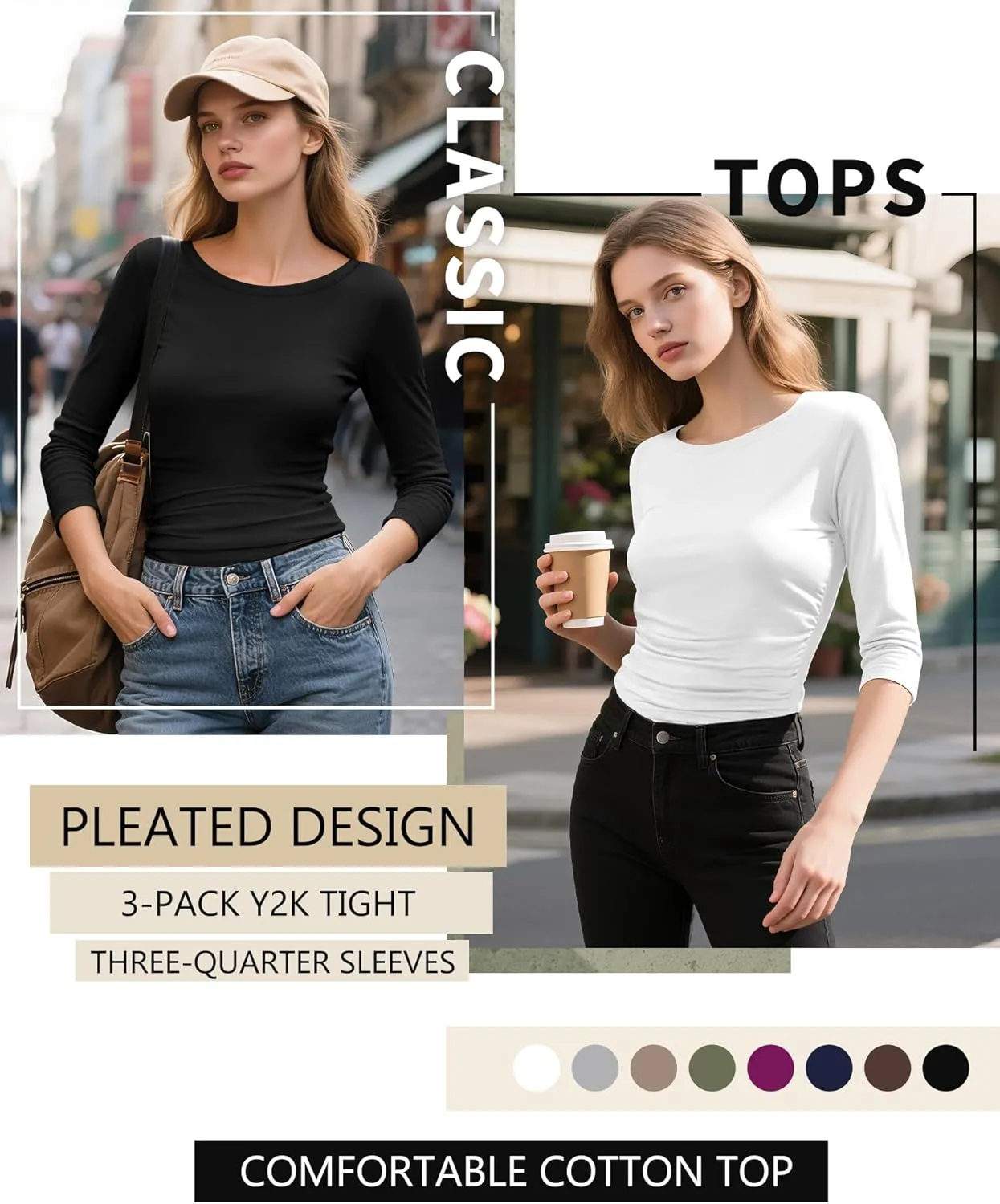 3 Pack Women's 3/4 Sleeve Shirts Slim Fit Side Ruched Tops Cotton Basic Crewneck Going Out Tees Y2k Outfits
