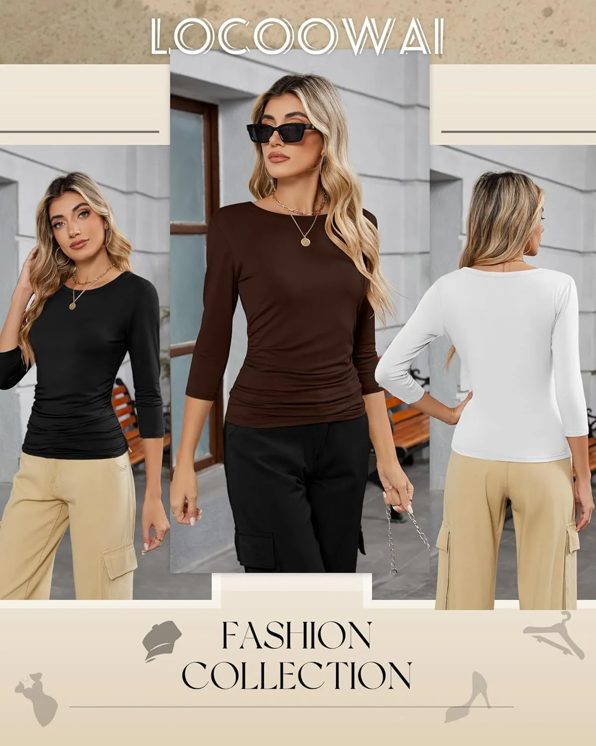 3 Pack Women's 3/4 Sleeve Shirts Slim Fit Side Ruched Tops Cotton Basic Crewneck Going Out Tees Y2k Outfits