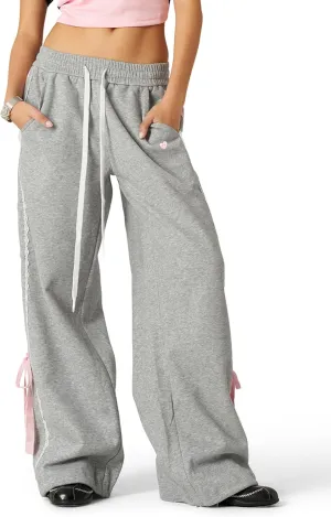 Aelfric Eden Lace Stripe Patchwork Sweatpants Casual Baggy Pant for Women Wide Leg Elastic Drawstring Trousers