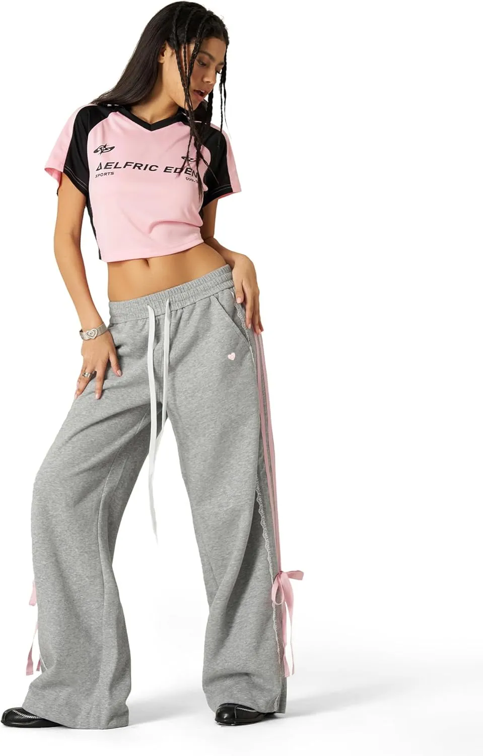Aelfric Eden Lace Stripe Patchwork Sweatpants Casual Baggy Pant for Women Wide Leg Elastic Drawstring Trousers