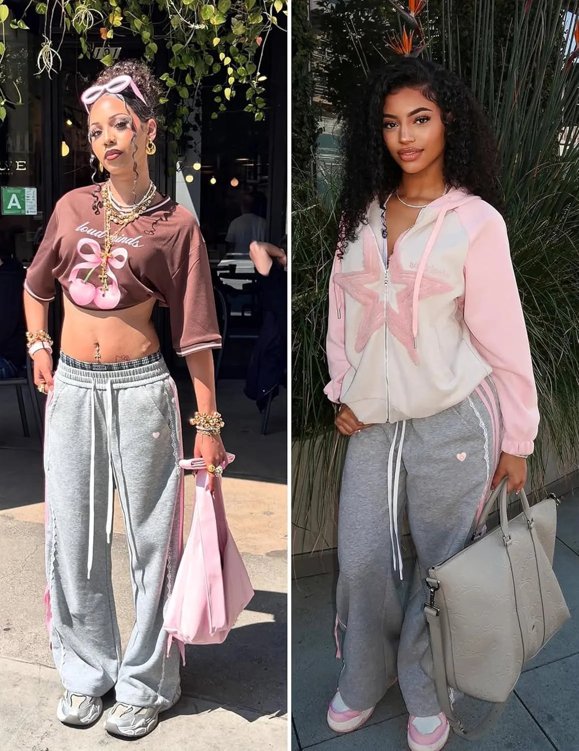 Aelfric Eden Lace Stripe Patchwork Sweatpants Casual Baggy Pant for Women Wide Leg Elastic Drawstring Trousers
