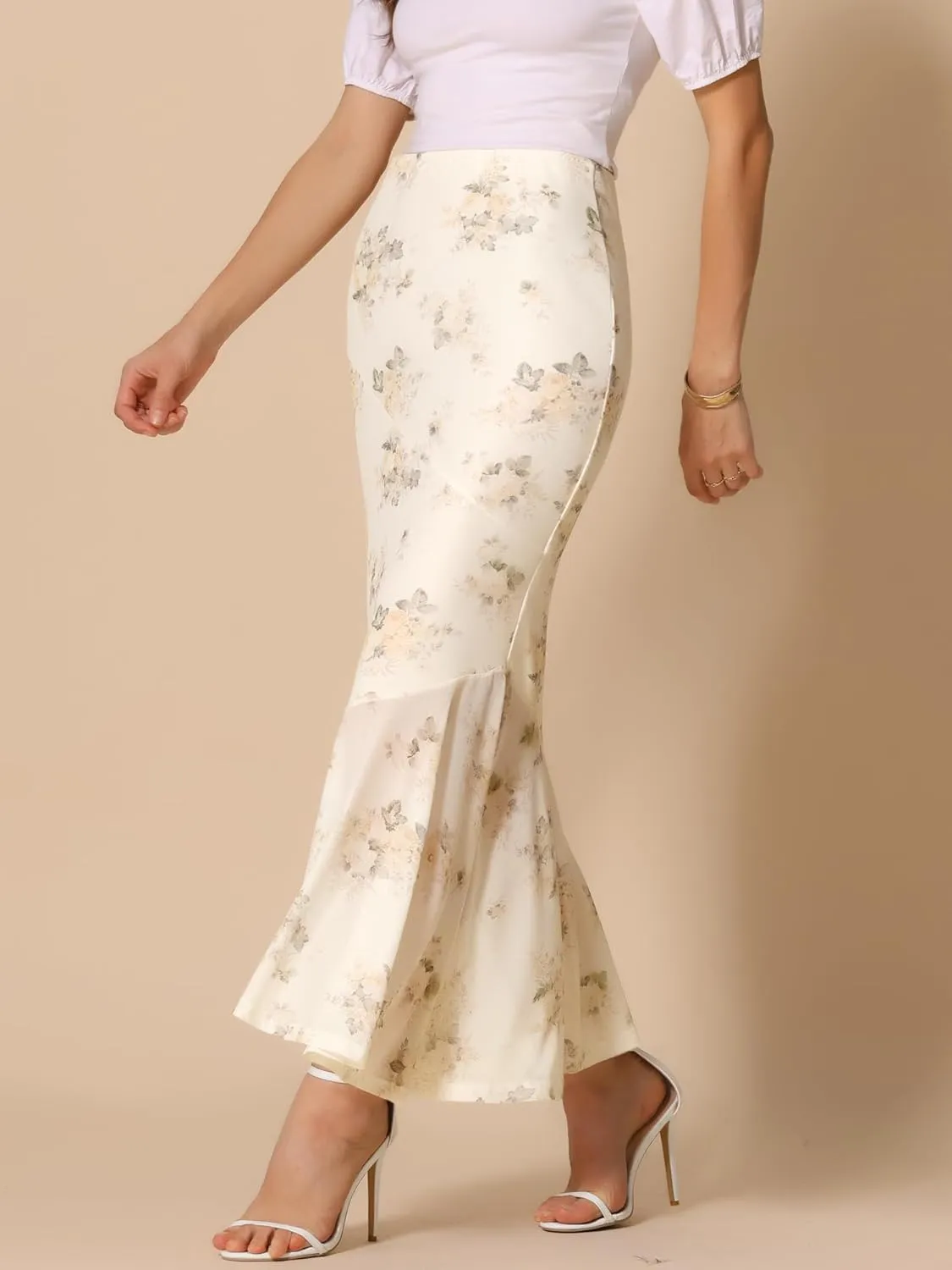 Allegra K Floral Skirts for Women's Ruffle Hem 2025 Summer Long Fishtail Mesh Mermaid Maxi Skirt