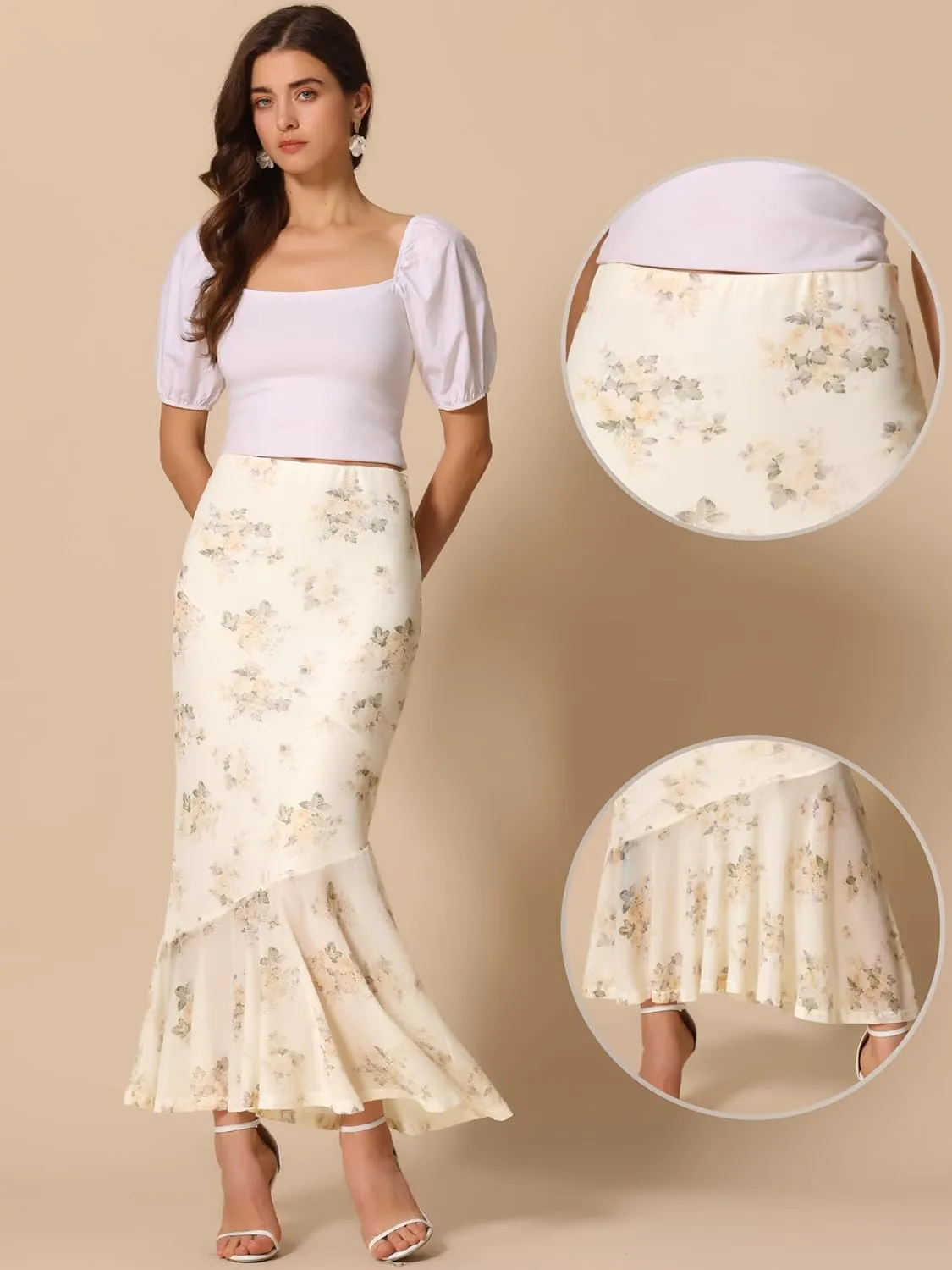 Allegra K Floral Skirts for Women's Ruffle Hem 2025 Summer Long Fishtail Mesh Mermaid Maxi Skirt