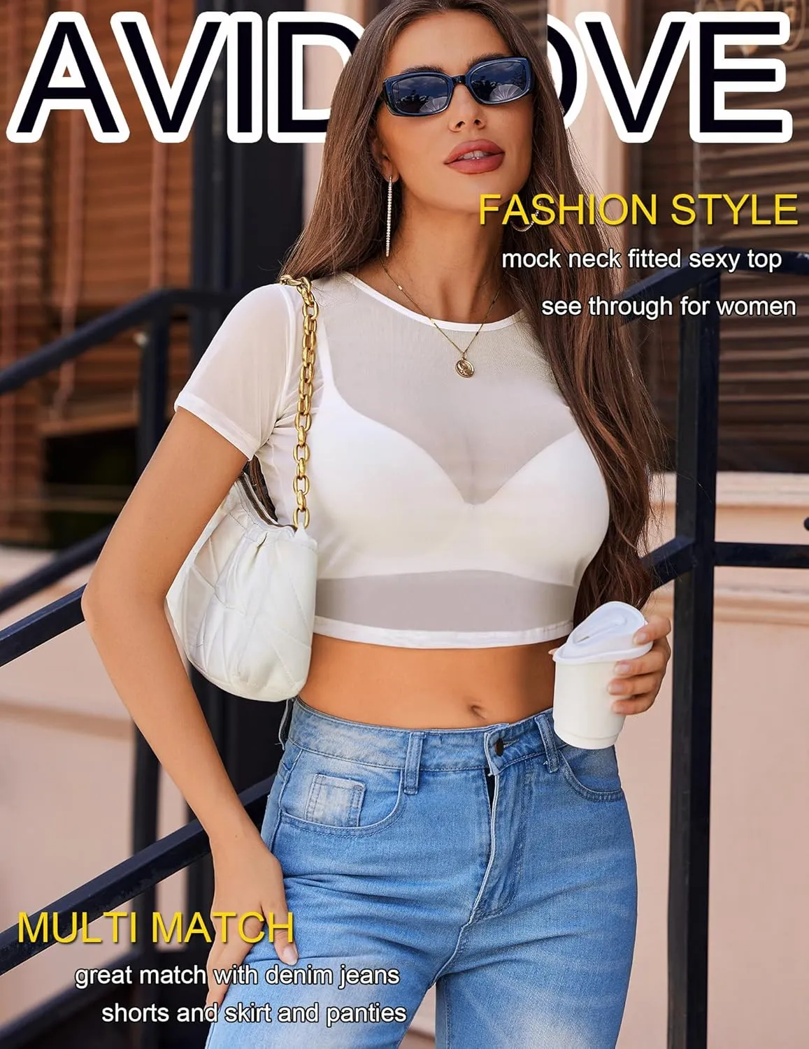 Avidlove Mesh Crop Top for Women Short Sleeve Bodycon Tees Y2k See Through Blouse O Neck Clubwear
