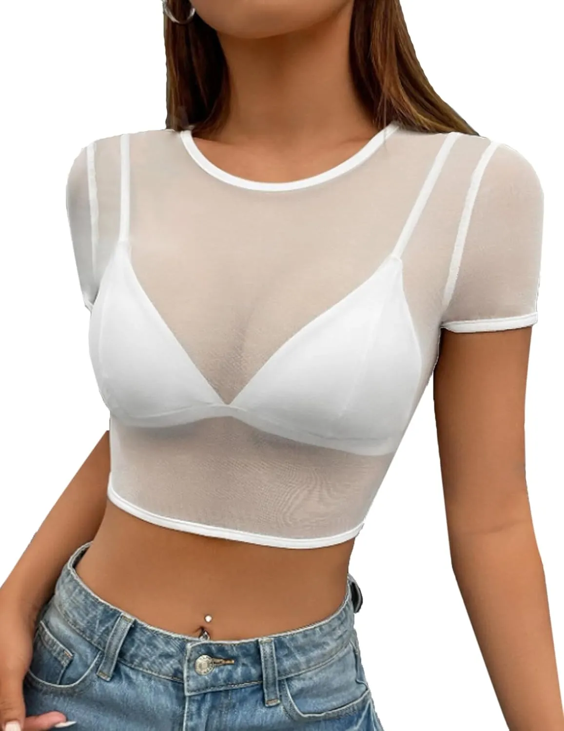 Avidlove Mesh Crop Top for Women Short Sleeve Bodycon Tees Y2k See Through Blouse O Neck Clubwear