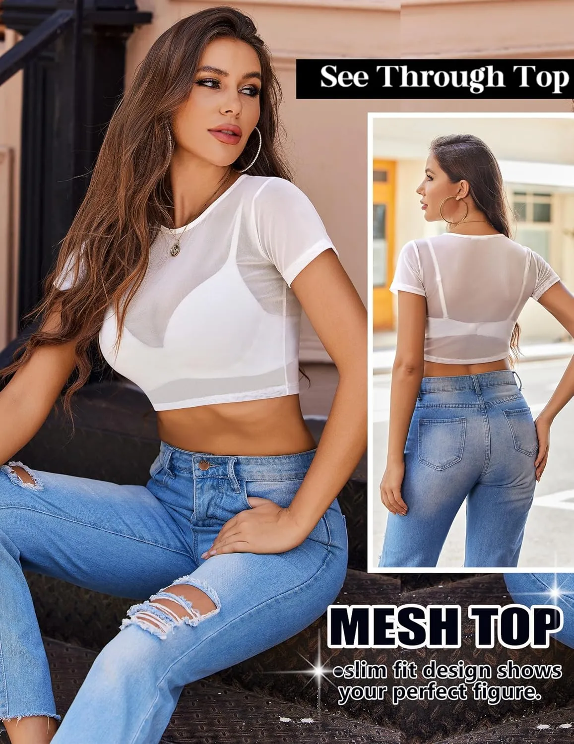 Avidlove Mesh Crop Top for Women Short Sleeve Bodycon Tees Y2k See Through Blouse O Neck Clubwear