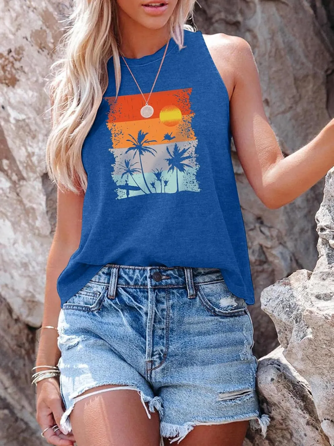 Binshre Tank Tops Women Hawaiian Beach Graphic Tank Tops Summer Casual Tanks Vest Country Music Vintage Tank Cami