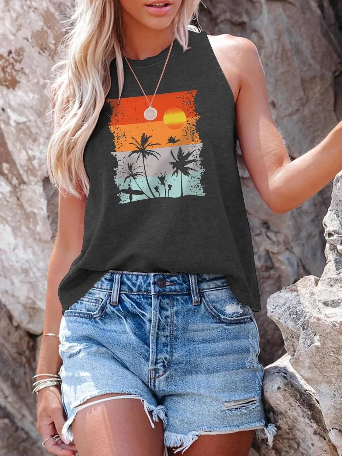 Binshre Tank Tops Women Hawaiian Beach Graphic Tank Tops Summer Casual Tanks Vest Country Music Vintage Tank Cami
