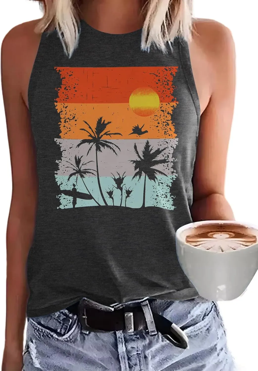 Binshre Tank Tops Women Hawaiian Beach Graphic Tank Tops Summer Casual Tanks Vest Country Music Vintage Tank Cami