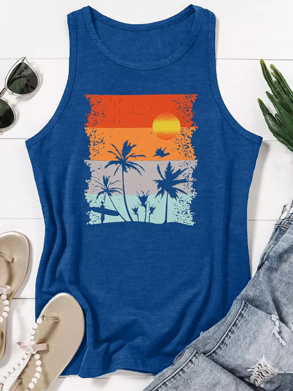 Binshre Tank Tops Women Hawaiian Beach Graphic Tank Tops Summer Casual Tanks Vest Country Music Vintage Tank Cami