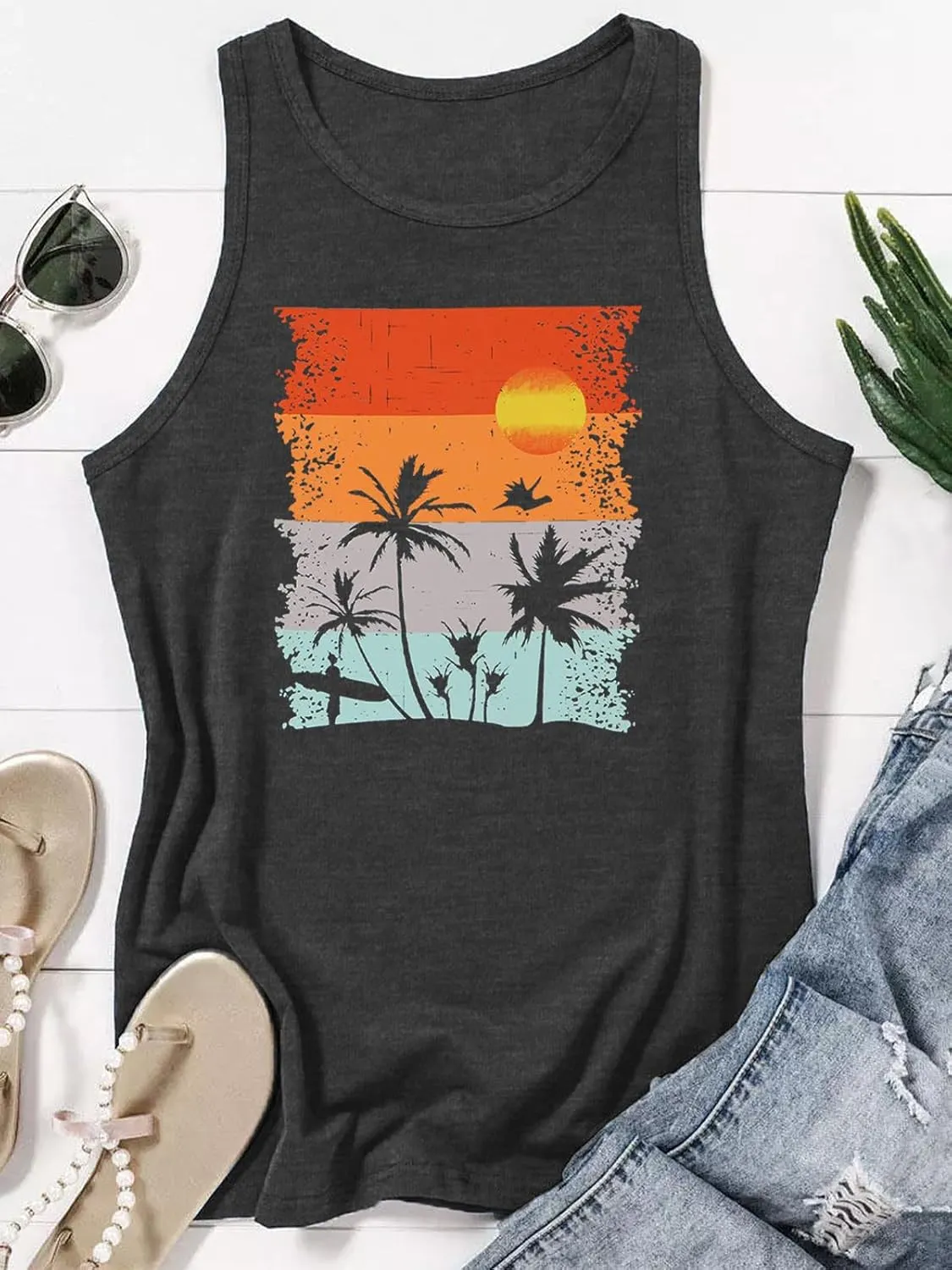 Binshre Tank Tops Women Hawaiian Beach Graphic Tank Tops Summer Casual Tanks Vest Country Music Vintage Tank Cami