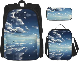 Blue sky and white clouds Backpack set (3-piece set) - student school bag   pencil case   lunch bag, large capacity backpack