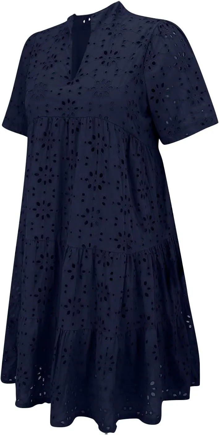 Boho Summer Dresses for Women 2025 Resort V Neck Short Sleeve Hollow Out Lace Ruffle Casual Beach Mini Vacation Dress