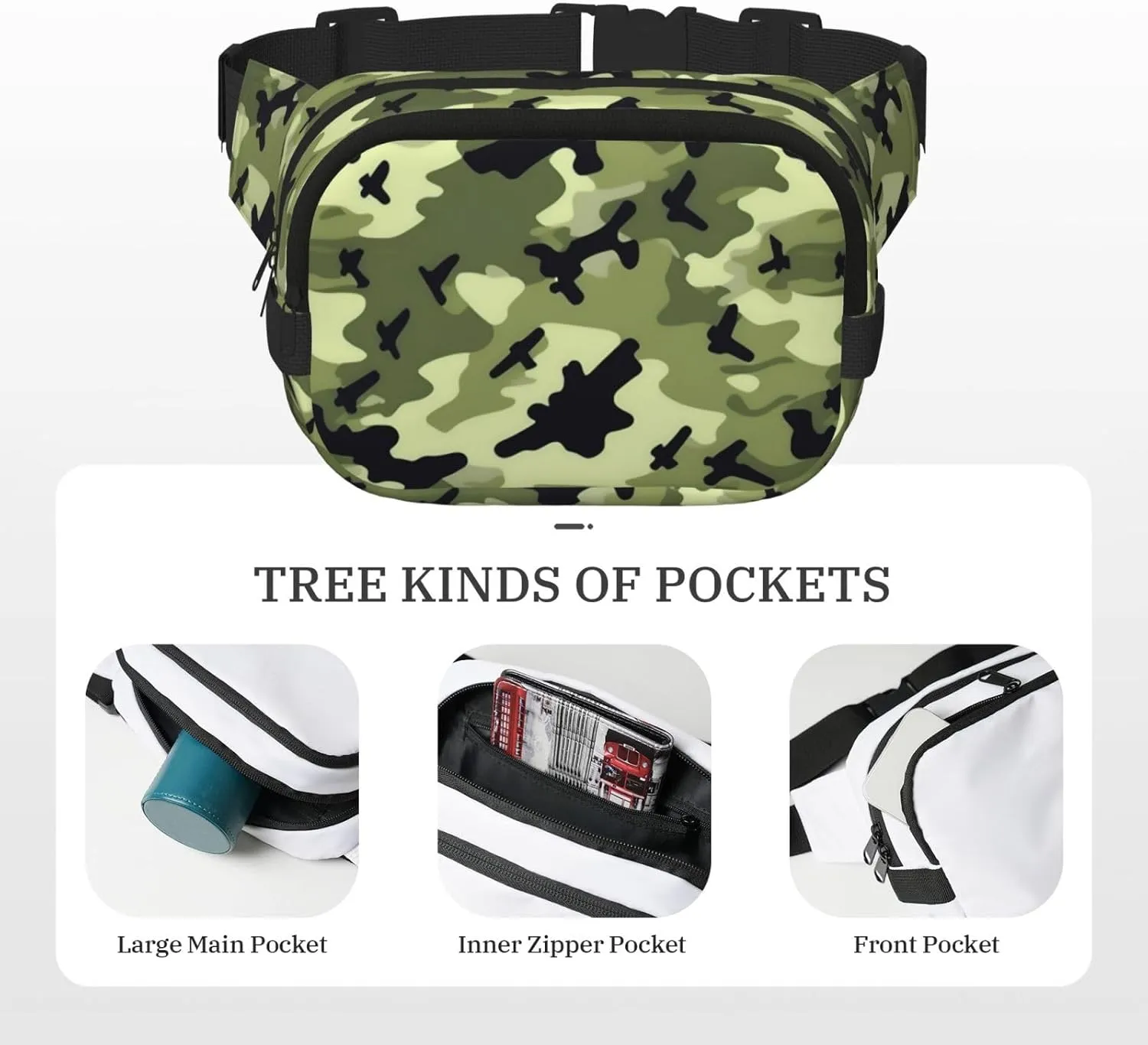 Camo Green Everywhere Belt Bag For Women Men, Zipper Pockets Crossbody Fanny For Hiking, Cycling