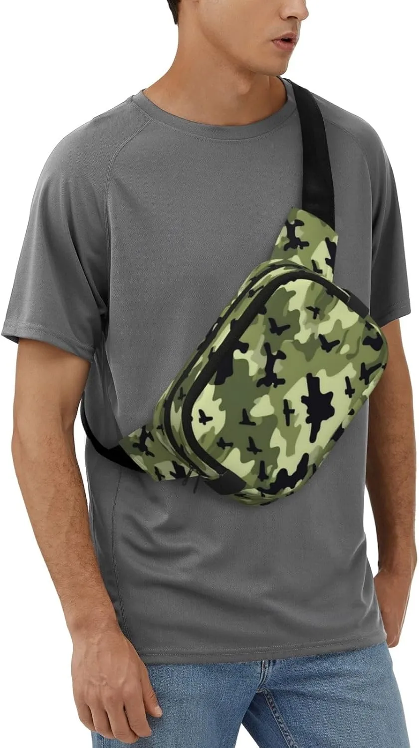 Camo Green Everywhere Belt Bag For Women Men, Zipper Pockets Crossbody Fanny For Hiking, Cycling