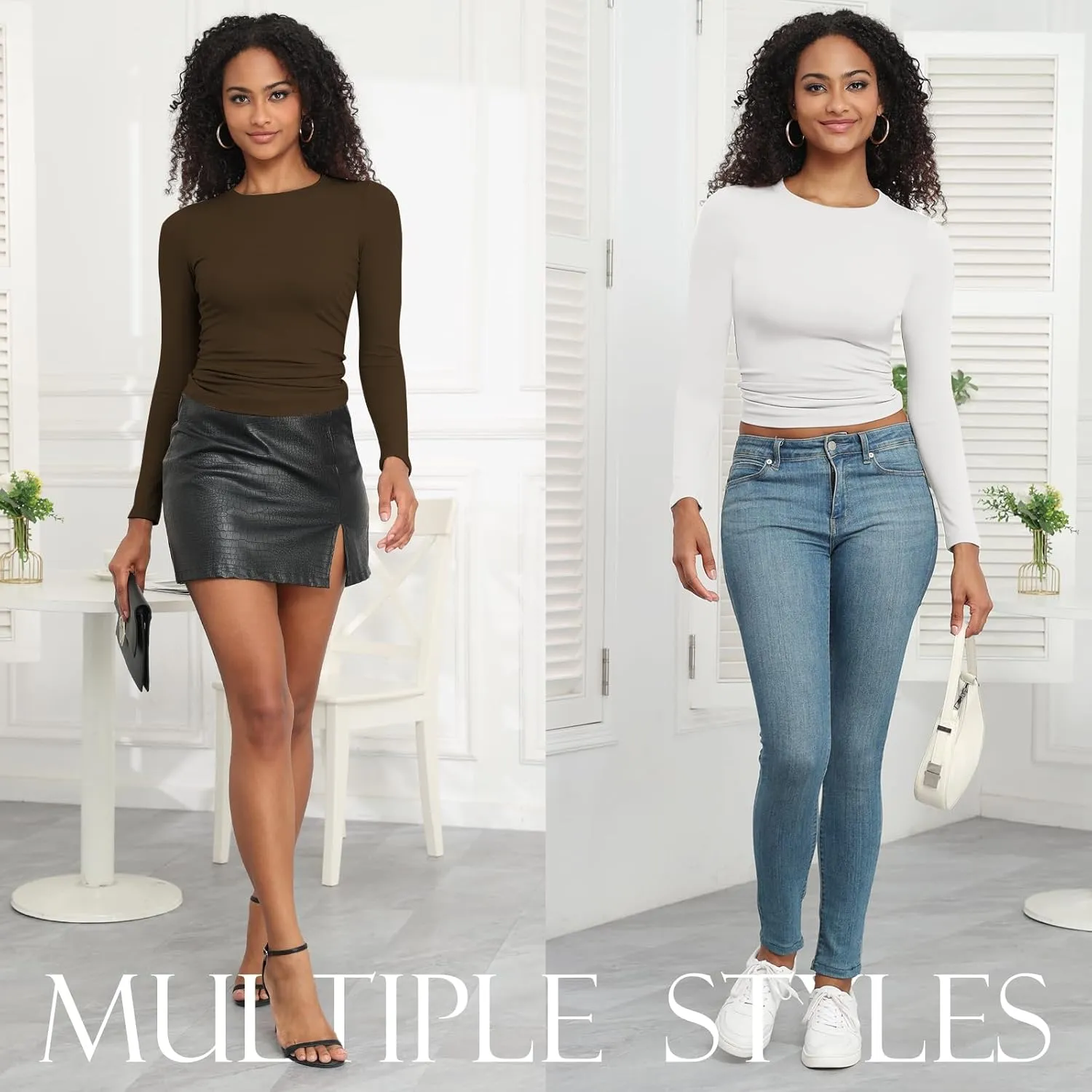 CE' CERDR 3/5 Pack Womens Long Sleeve Shirts Crew Neck Basic Tees Tight Fitted Casual Going Out Stretchy Slim Tops