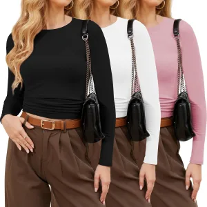 CE' CERDR 3/5 Pack Womens Long Sleeve Shirts Crew Neck Basic Tees Tight Fitted Casual Going Out Stretchy Slim Tops
