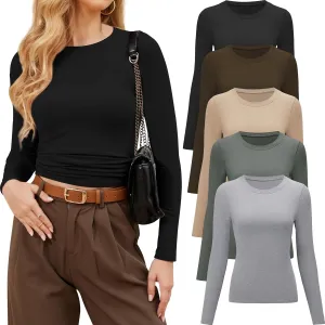 CE' CERDR 3/5 Pack Womens Long Sleeve Shirts Crew Neck Basic Tees Tight Fitted Casual Going Out Stretchy Slim Tops