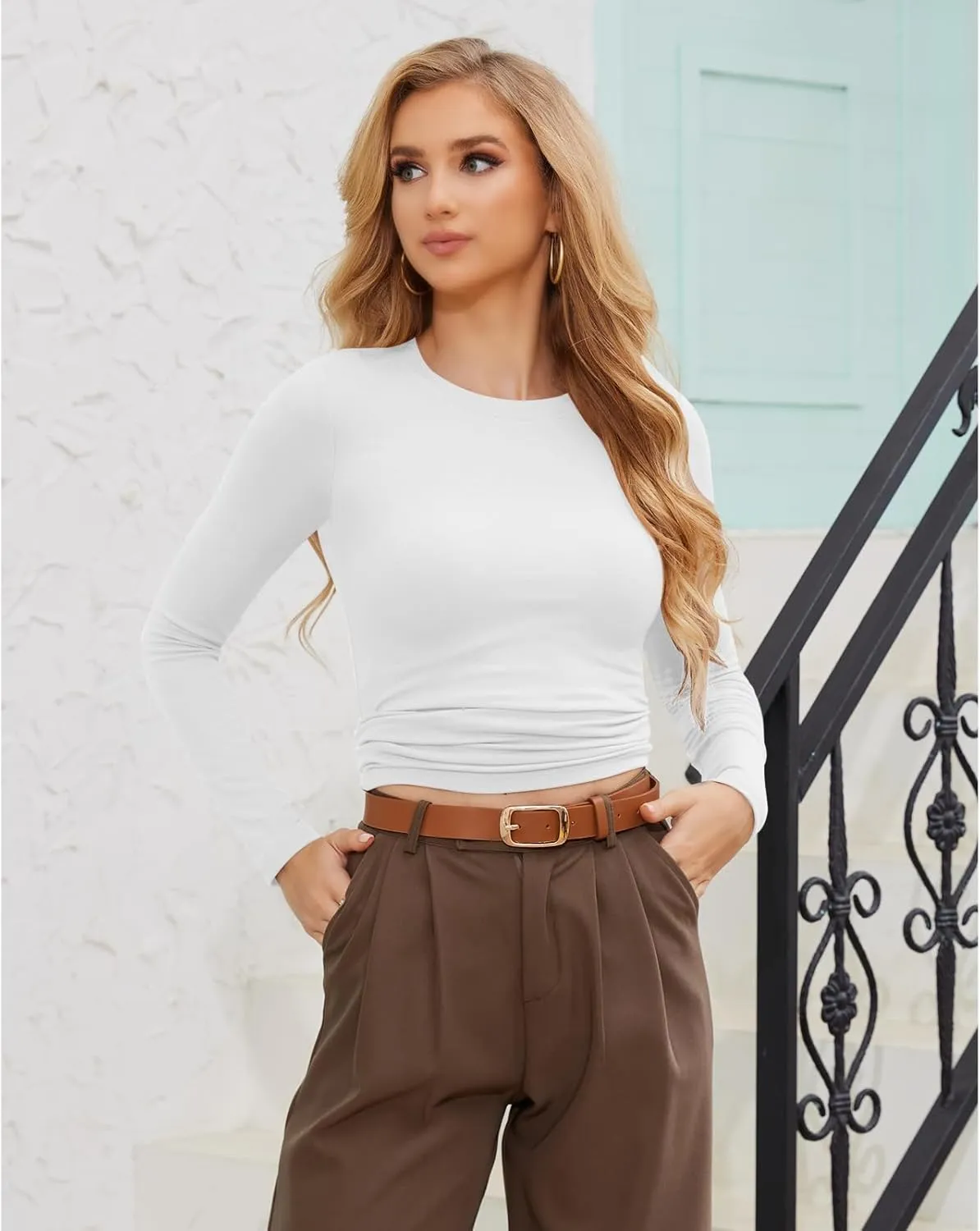 CE' CERDR 3/5 Pack Womens Long Sleeve Shirts Crew Neck Basic Tees Tight Fitted Casual Going Out Stretchy Slim Tops