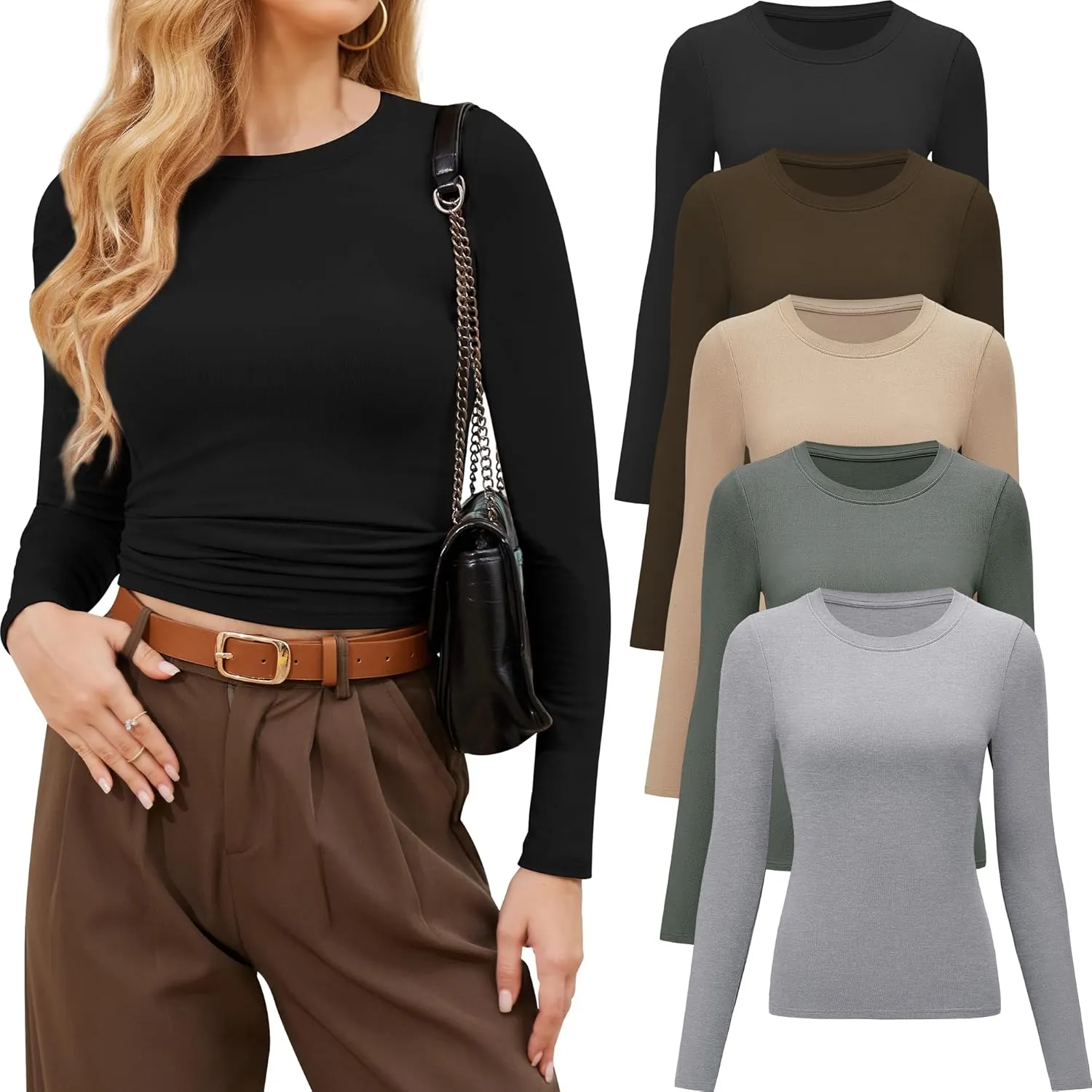 CE' CERDR 3/5 Pack Womens Long Sleeve Shirts Crew Neck Basic Tees Tight Fitted Casual Going Out Stretchy Slim Tops