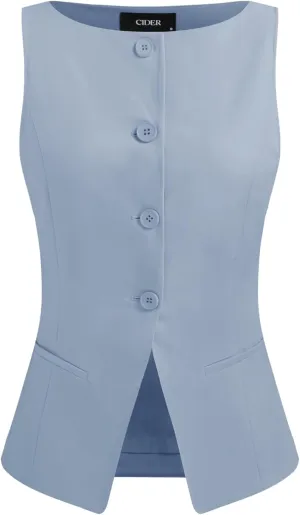 CIDER Woven Vest Top Sleeveless Boat Neck Button Vest Regular Fit Office Blouse Womens Shirts