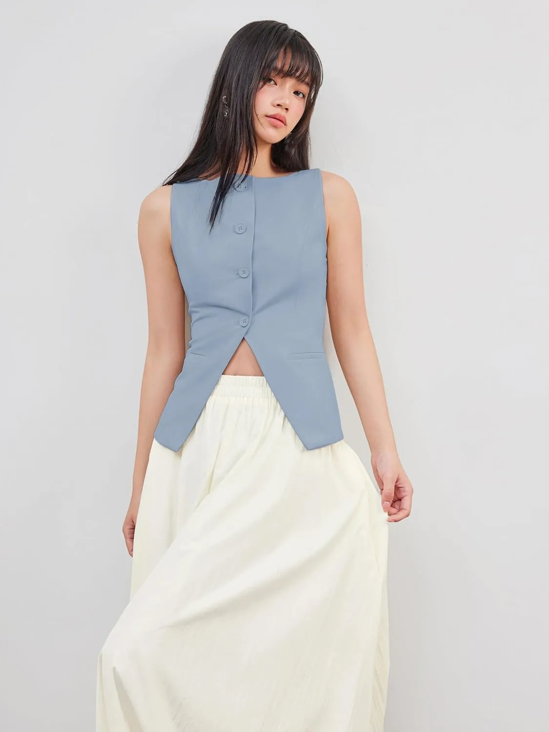 CIDER Woven Vest Top Sleeveless Boat Neck Button Vest Regular Fit Office Blouse Womens Shirts