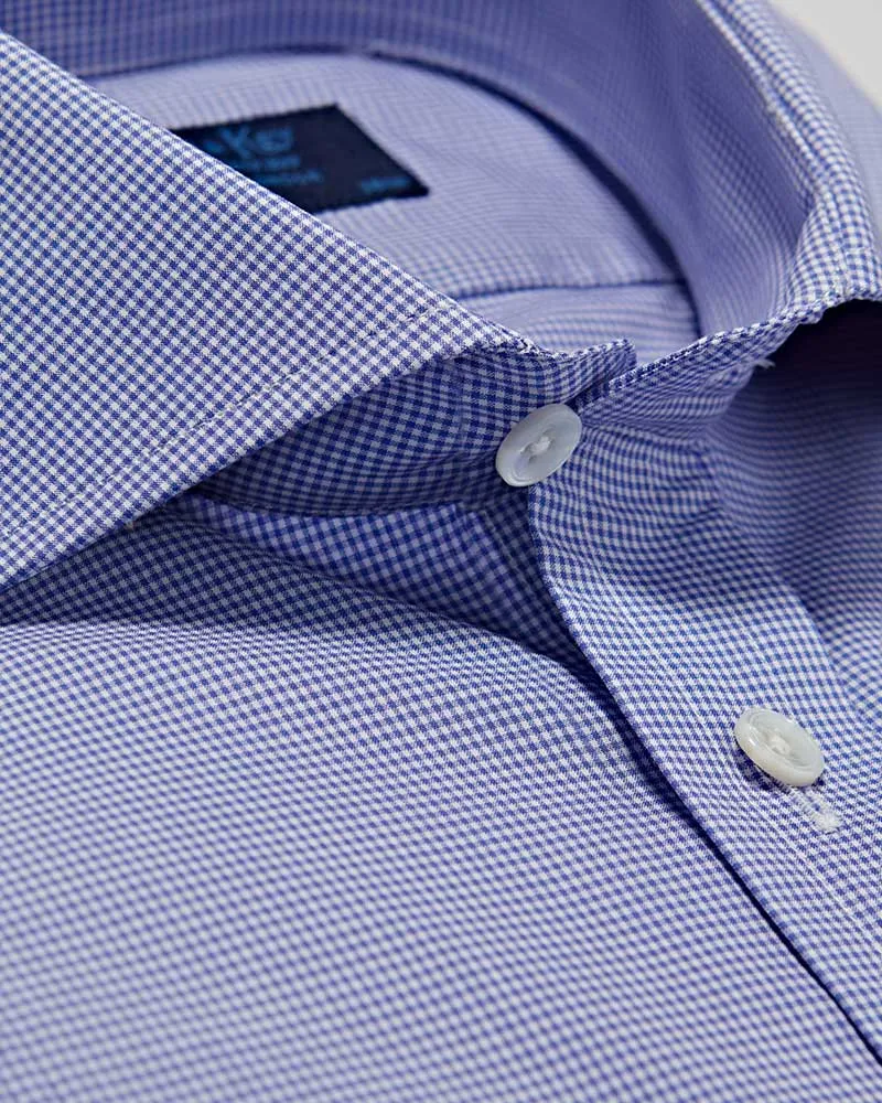 Classic Fit Blue Shepherds Check Cotton Poplin Shirt with Cut-away Collar & Double Cuff
