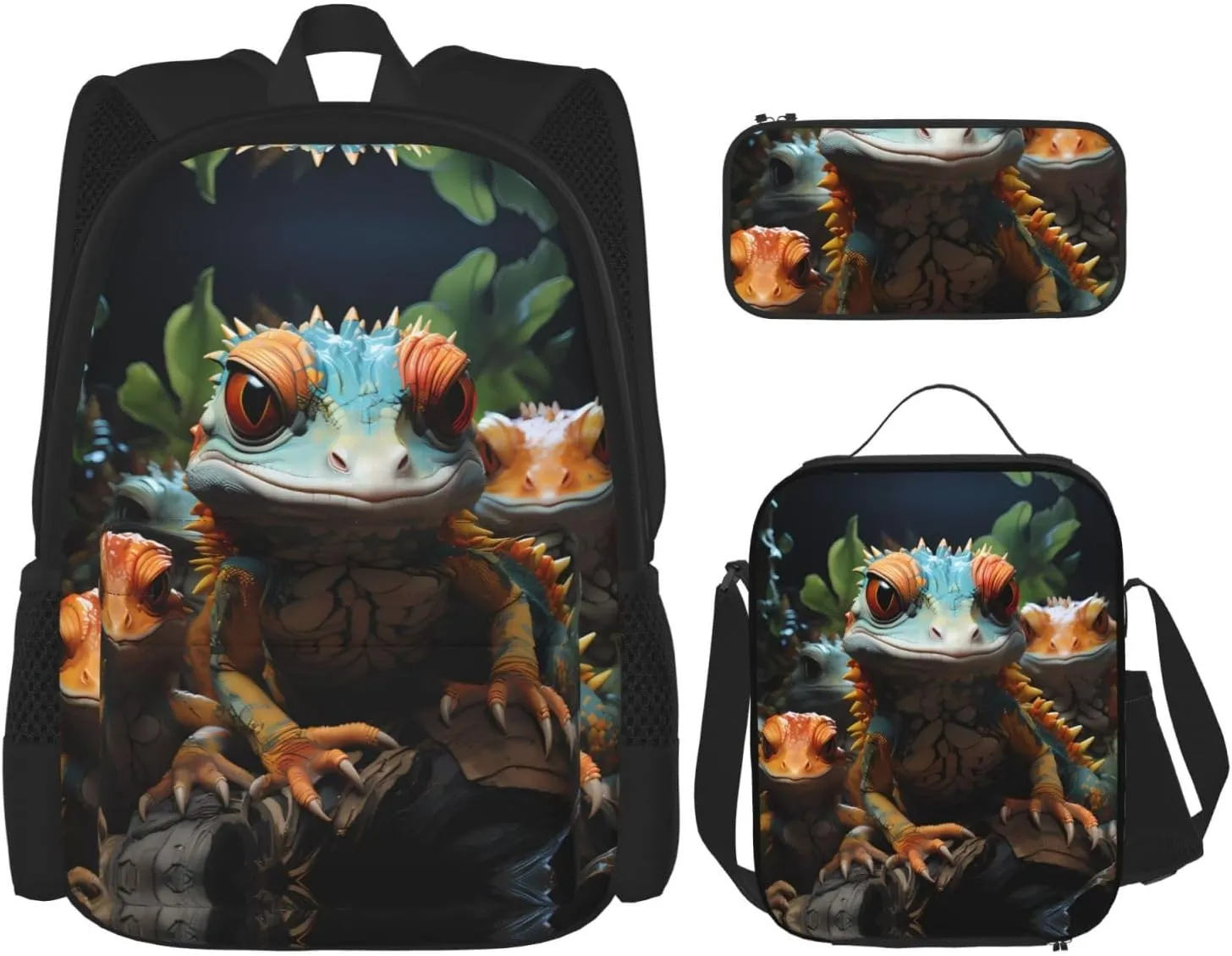 Colorful Lizards Backpack set (3-piece set) - student school bag   pencil case   lunch bag, large capacity backpack