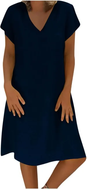 Cotton Linen Dress for Women 2025 Casual Short Sleeve Knee Length Dresses Summer Vacation Fashion Sundresses