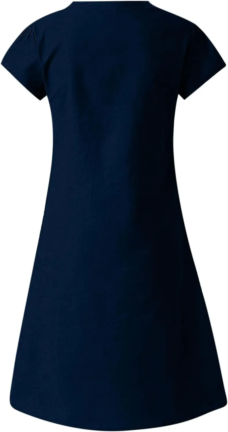 Cotton Linen Dress for Women 2025 Casual Short Sleeve Knee Length Dresses Summer Vacation Fashion Sundresses