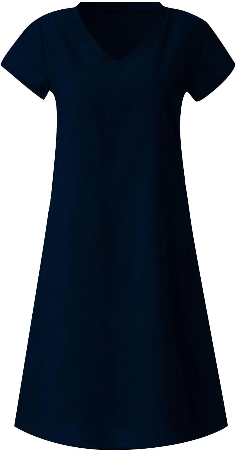 Cotton Linen Dress for Women 2025 Casual Short Sleeve Knee Length Dresses Summer Vacation Fashion Sundresses