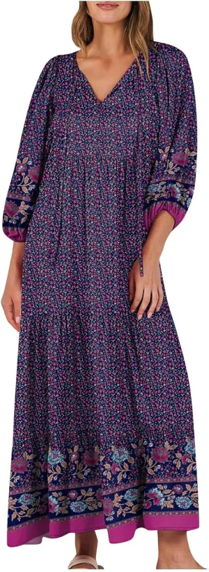 Cute Beach Vacation Sundresses Women Trendy Casual Summer Half Sleee V -Neck Maxi Dress Boho Floral Flowy Dresses