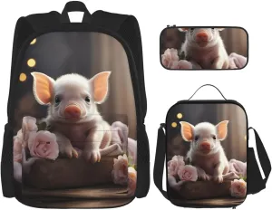 Cute young pig Backpack set (3-piece set) - student school bag   pencil case   lunch bag, large capacity backpack