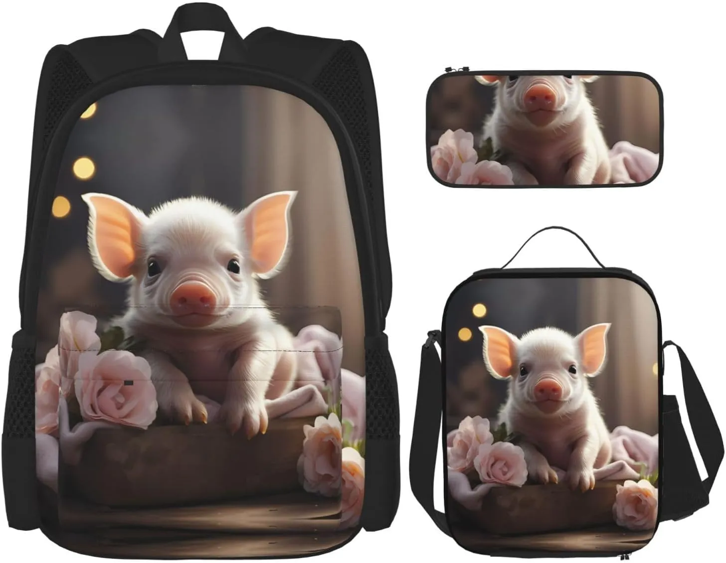 Cute young pig Backpack set (3-piece set) - student school bag   pencil case   lunch bag, large capacity backpack