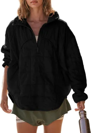 Daacee Oversized Lightweight Quilted Pullover Jacket for Women Casual Half Zip Puffer Jackets Padded Outwear with 4 Pockets