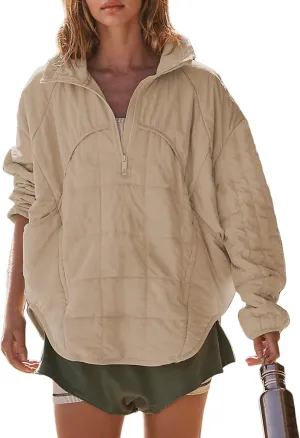 Daacee Oversized Lightweight Quilted Pullover Jacket for Women Casual Half Zip Puffer Jackets Padded Outwear with 4 Pockets