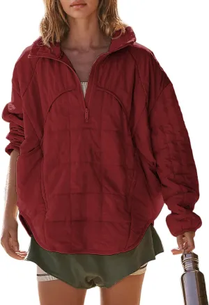 Daacee Oversized Lightweight Quilted Pullover Jacket for Women Casual Half Zip Puffer Jackets Padded Outwear with 4 Pockets