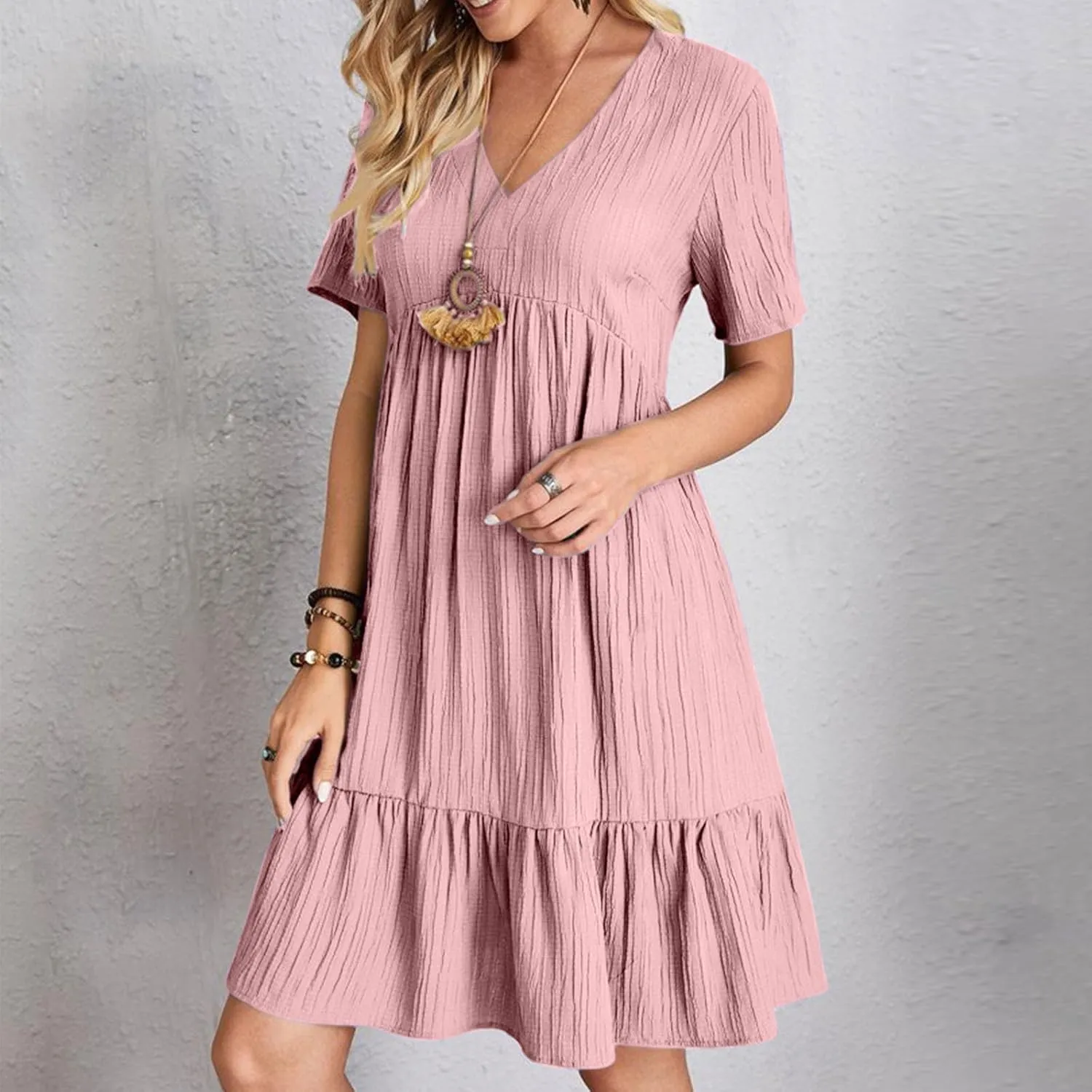 DDAPJ pyju Womens Summer Dresses 2025 V Neck Sleeveless Mini Babydoll Dress Casual Loose Flowy Tiered Beach Vacation Sundress