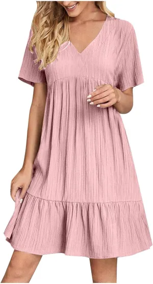 DDAPJ pyju Womens Summer Dresses 2025 V Neck Sleeveless Mini Babydoll Dress Casual Loose Flowy Tiered Beach Vacation Sundress