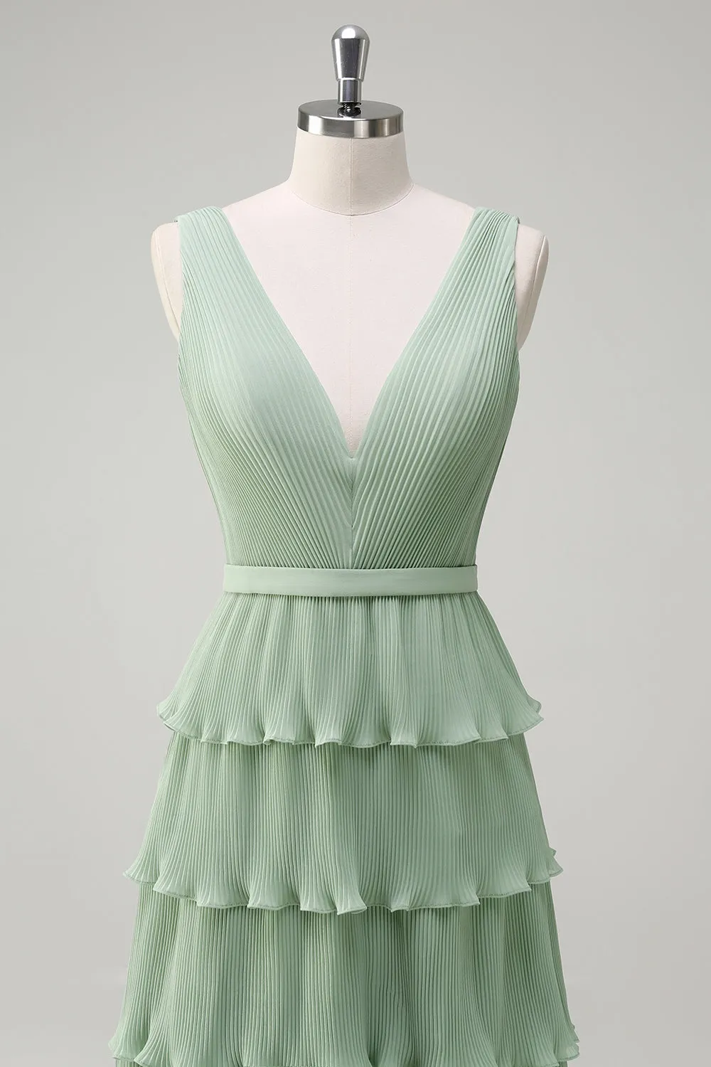 Dusty Sage Tiered Ruffle V Neck Bridesmaid Dress with Slit