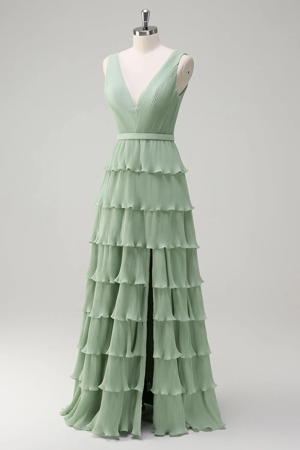 Dusty Sage Tiered Ruffle V Neck Bridesmaid Dress with Slit