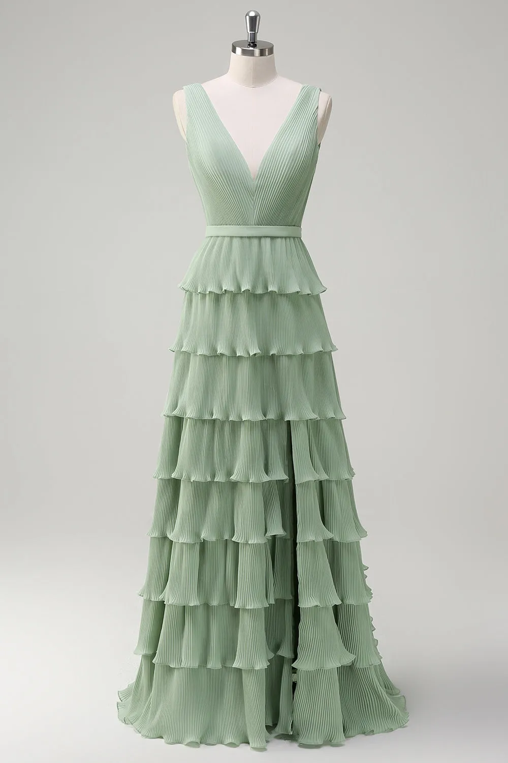 Dusty Sage Tiered Ruffle V Neck Bridesmaid Dress with Slit