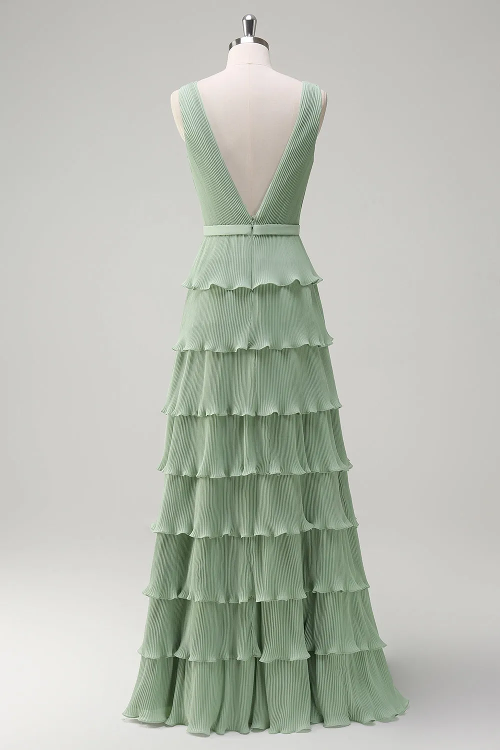 Dusty Sage Tiered Ruffle V Neck Bridesmaid Dress with Slit