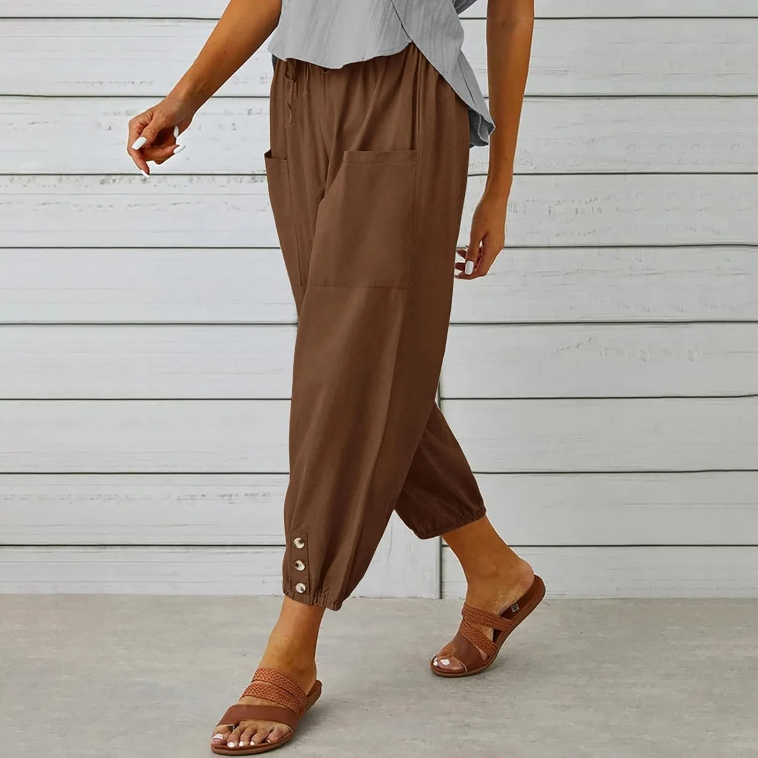 Ecokauer Women's High Waist Drawstring Capri Pants Loose Wide Leg Cropped Lounge Trousers with Pocket