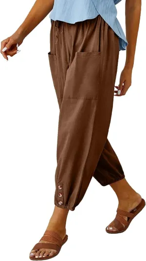 Ecokauer Women's High Waist Drawstring Capri Pants Loose Wide Leg Cropped Lounge Trousers with Pocket