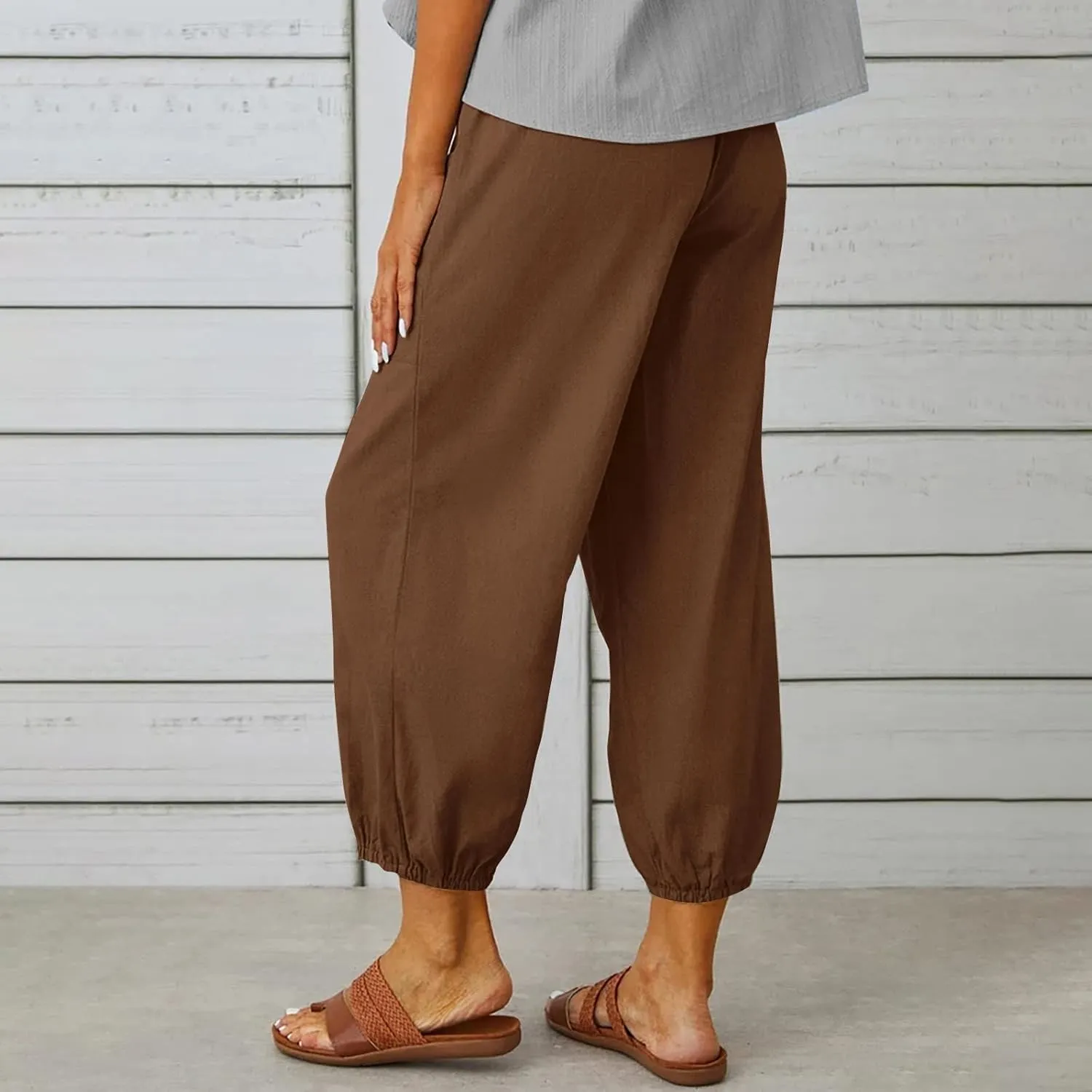 Ecokauer Women's High Waist Drawstring Capri Pants Loose Wide Leg Cropped Lounge Trousers with Pocket
