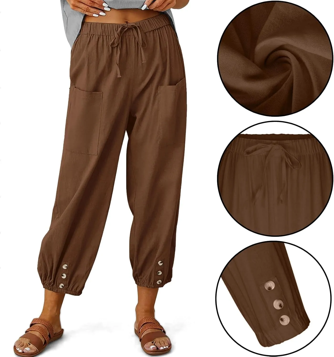 Ecokauer Women's High Waist Drawstring Capri Pants Loose Wide Leg Cropped Lounge Trousers with Pocket