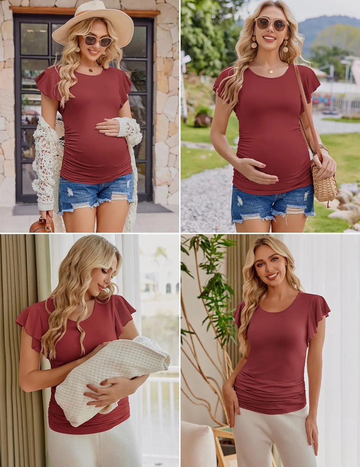 Ekouaer Women's Maternity Shirts 3 Packs Flying Short Sleeve Pregnancy Tops Side Ruched Tunic Blouse Mama Clothes S-XXL