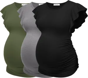 Ekouaer Women's Maternity Shirts 3 Packs Flying Short Sleeve Pregnancy Tops Side Ruched Tunic Blouse Mama Clothes S-XXL