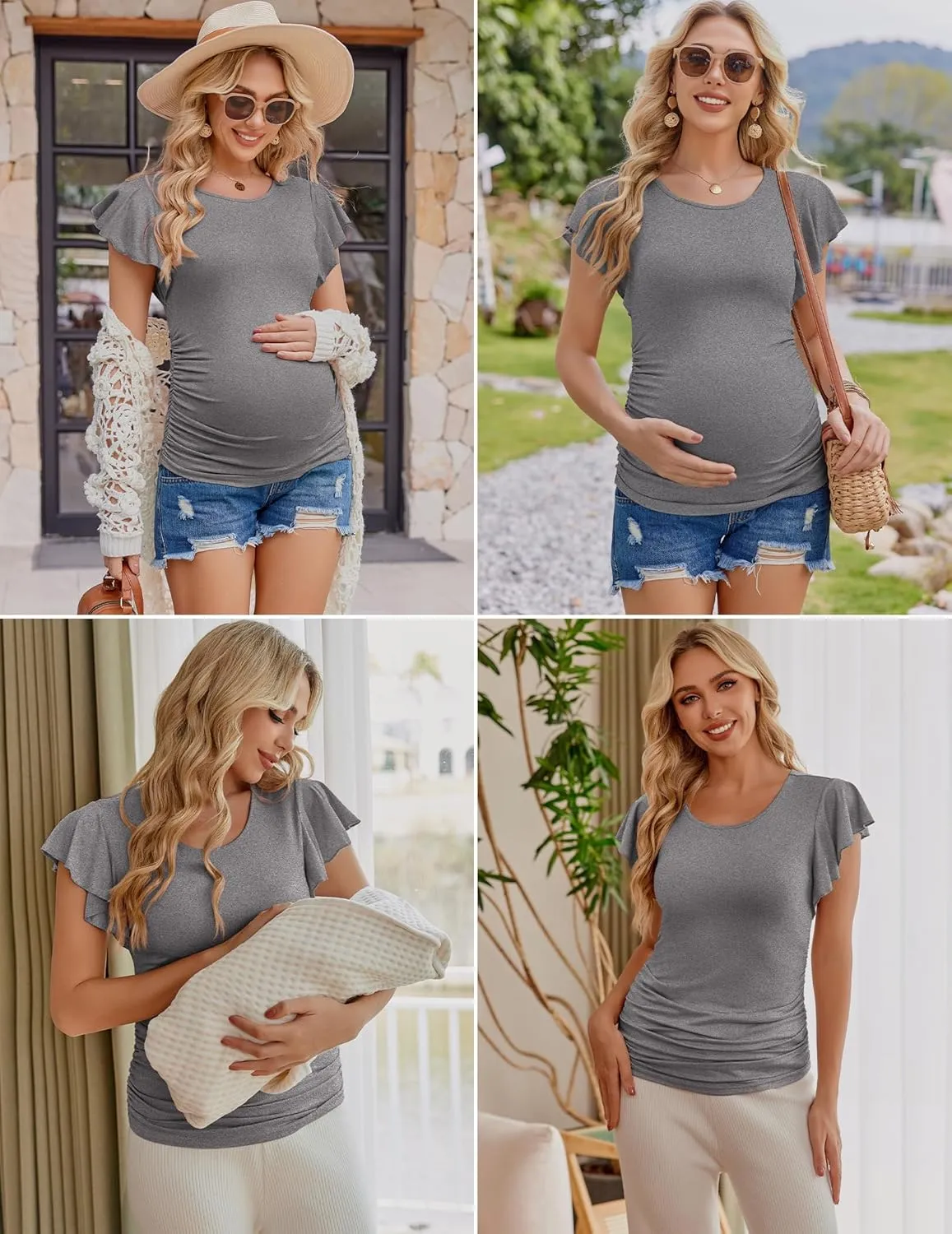 Ekouaer Women's Maternity Shirts 3 Packs Flying Short Sleeve Pregnancy Tops Side Ruched Tunic Blouse Mama Clothes S-XXL